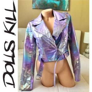 DOLLS KILL iridescent rainbow moto jacket